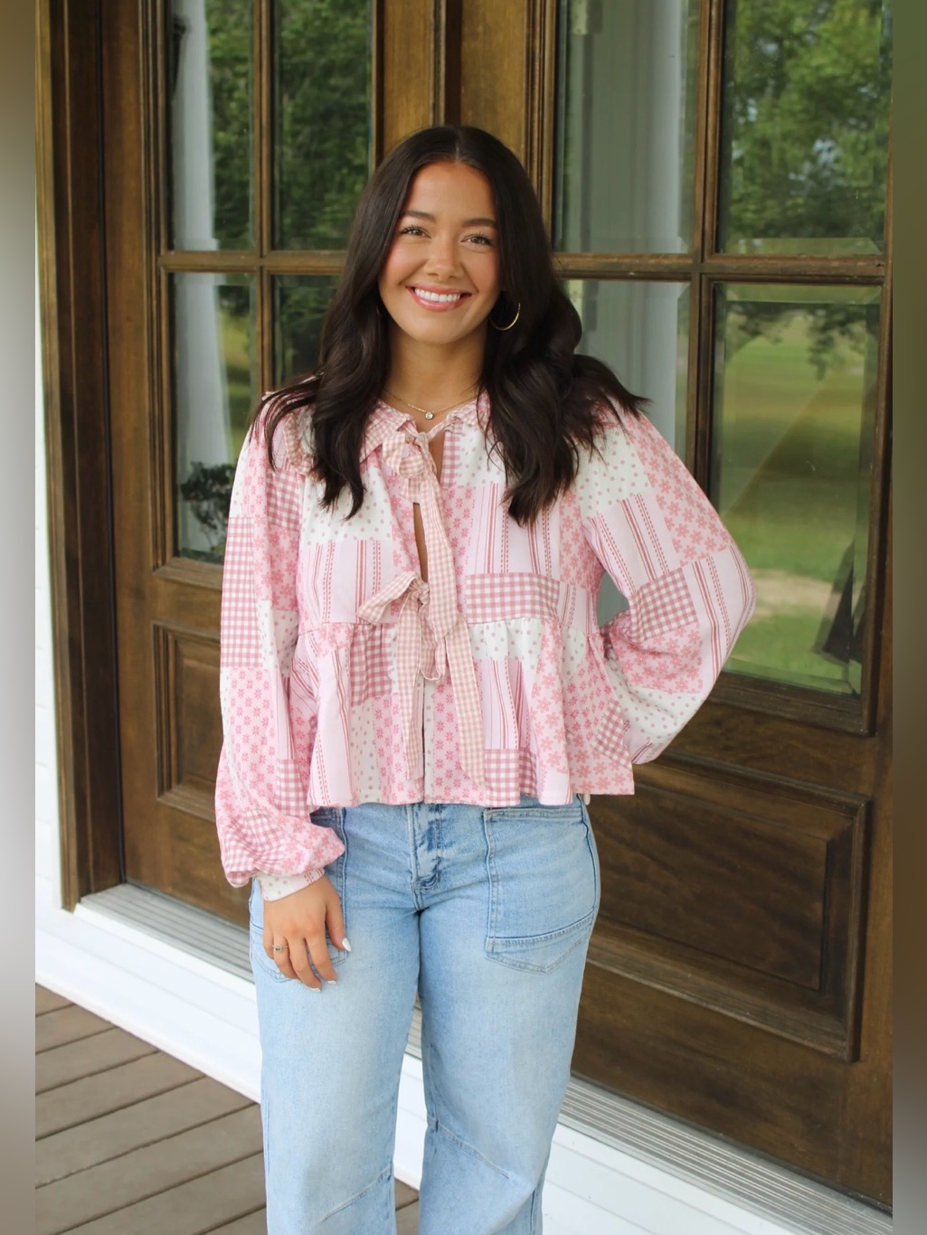 Rareraw Pink Patchwork Tie-Front Blouse Gingham Floral Cottagecore Boho Boutique